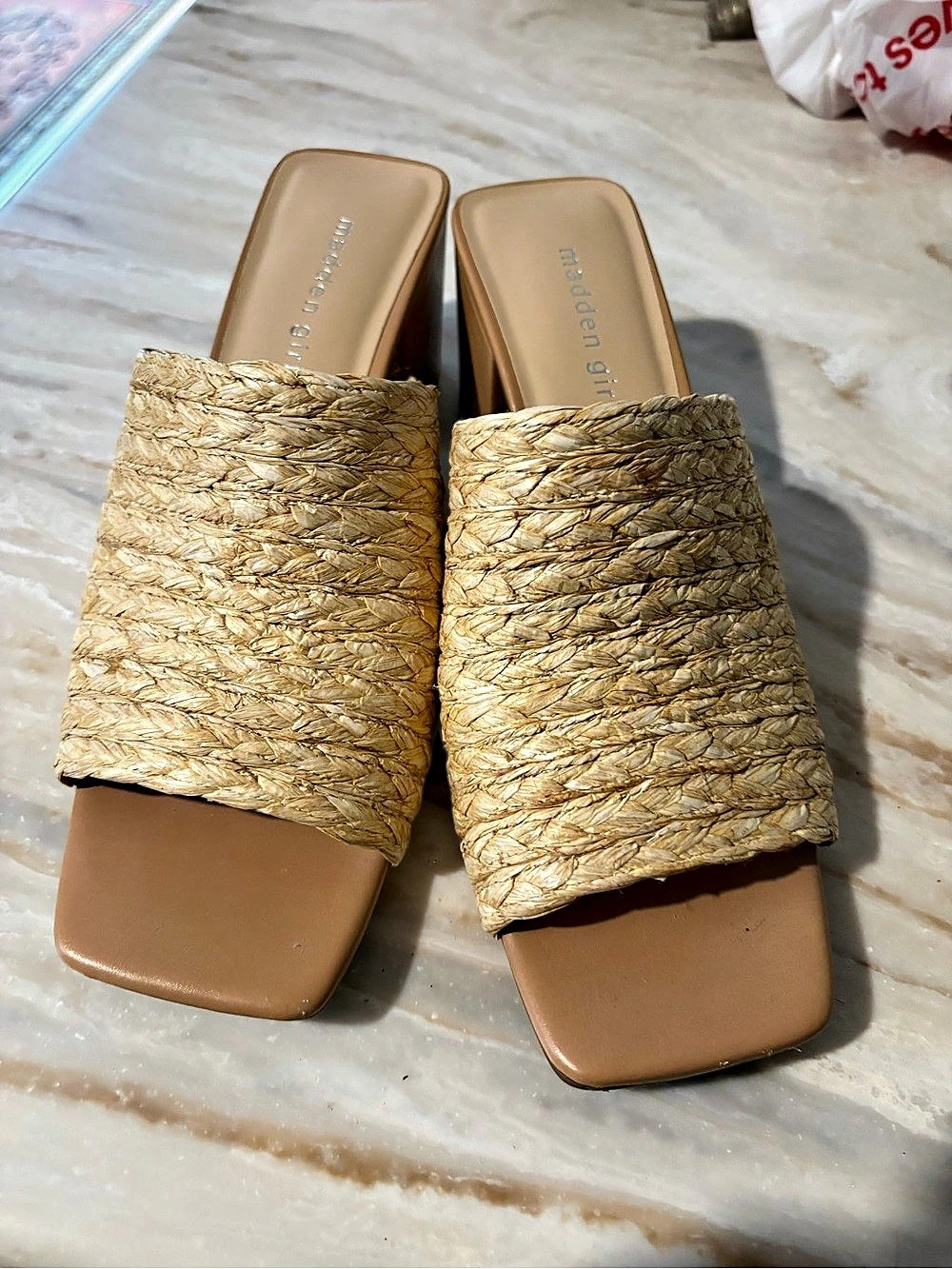 Madden Girl Woodlandd Woven Block Heel Mules Brown & Gold size 9.5
